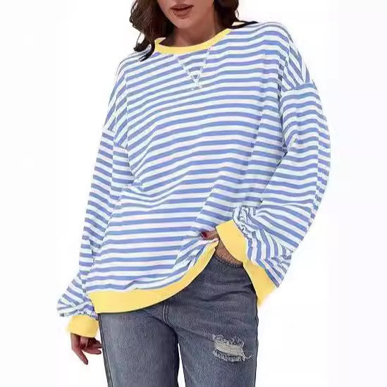 Casual loose striped long-sleeved color-blocked T-shirt