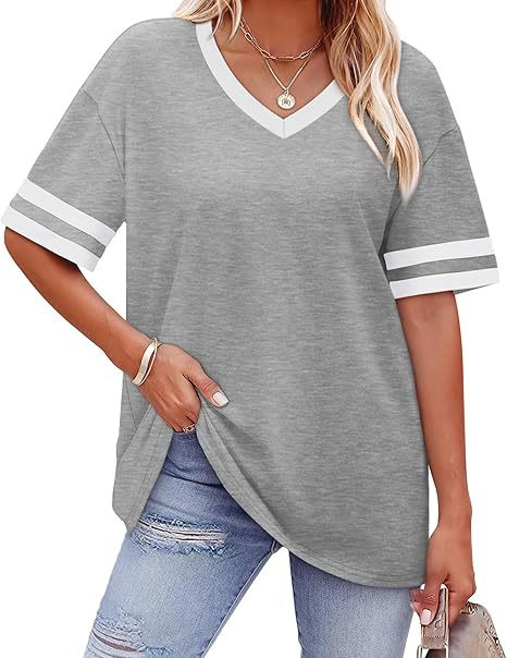 Women’s Contrast Striped Trim V-Neck Loose Short Sleeve T-Shirt