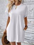 Women’s Crew Neck Rolled Sleeve Pocket Loose Mini T-Shirt Dress
