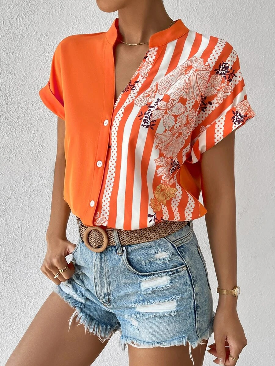 Two-tone floral button-down cardigan short-sleeved shirt