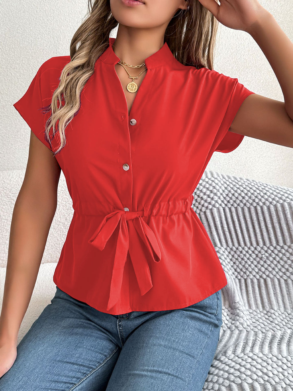 Chiffon V-neck button-down belt shirt