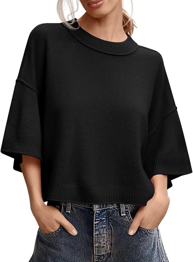 Women's Summer Short Sweater Casual Crew Neck Lightweight Top