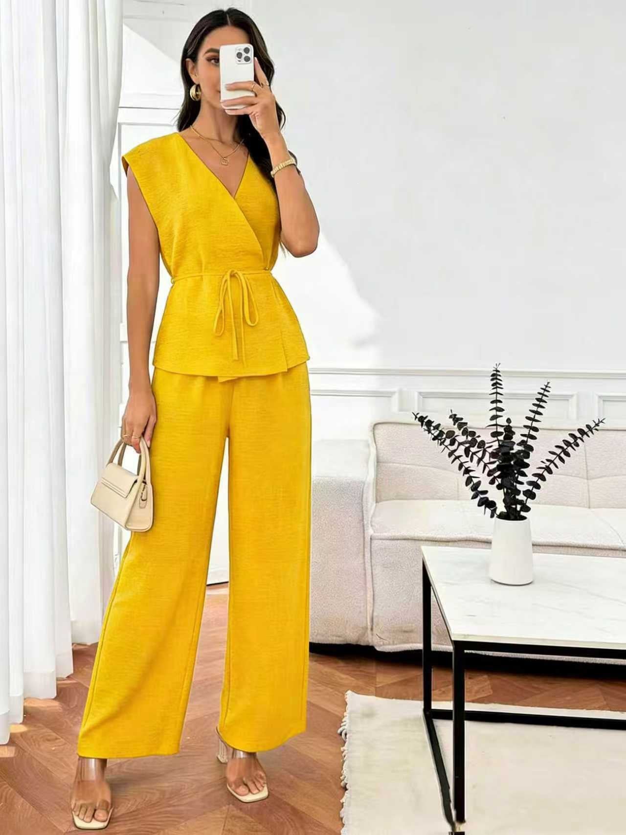 Women's Wrap V-Neck 2-Piece Set - Belted Top & Wide Leg Pants