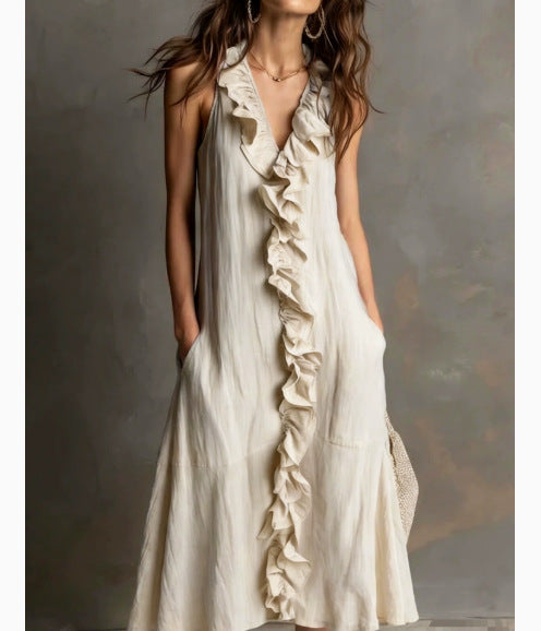 A-Line Loose Pleated Ruffle Trim Solid Color V-Neck Maxi Dresses