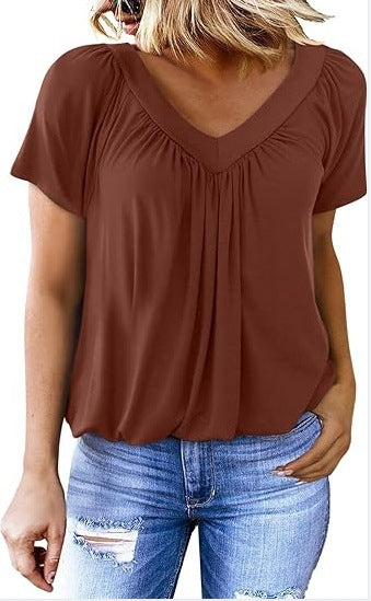 V-neck raglan sleeve pleated casual T-shirt