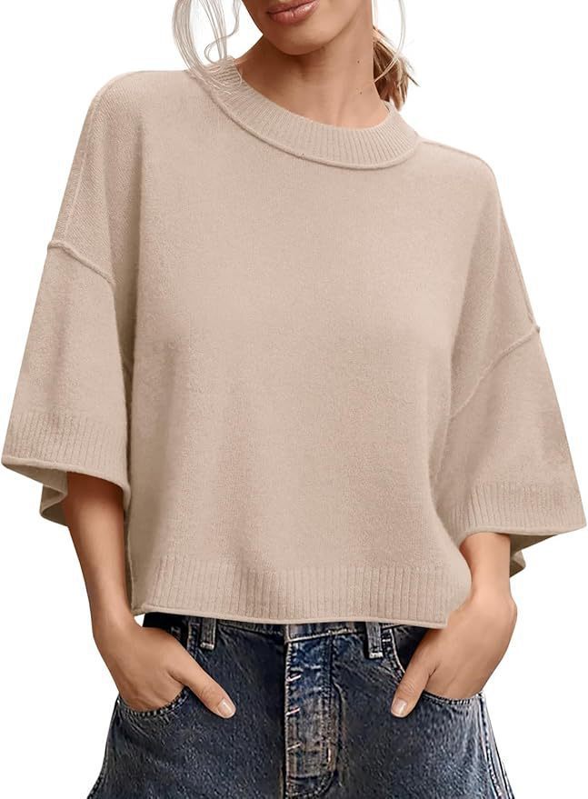Women's Summer Short Sweater Casual Crew Neck Lightweight Top