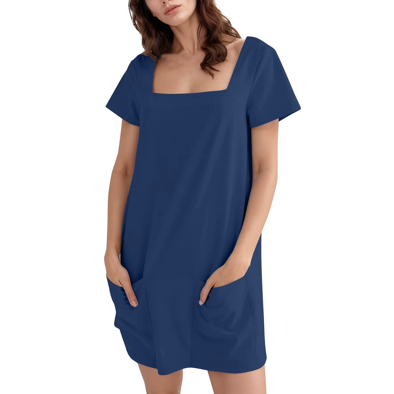 Women’s Square Neck Short Sleeve Pocket Loose Shift Mini Dress