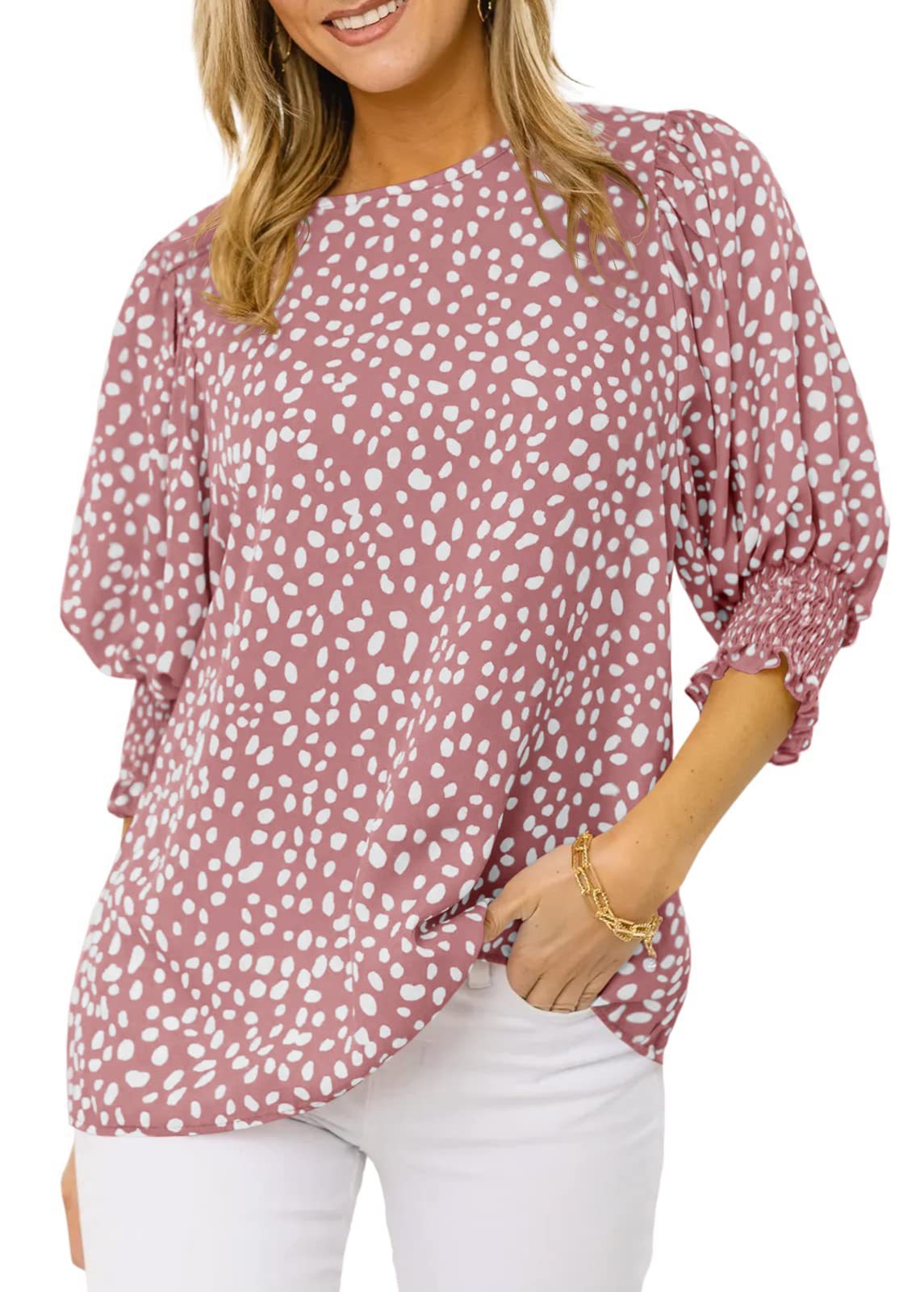 Women’s Round Neck Bubble 3/4 Sleeve Back Keyhole Ditsy Floral Print Blouse