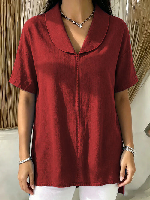 Casual short-sleeved women's cotton and linen top