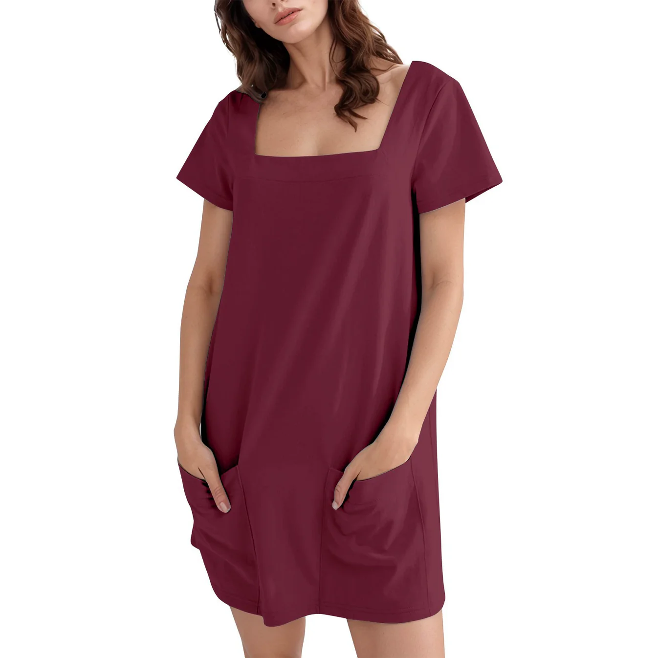 Women’s Square Neck Short Sleeve Pocket Loose Shift Mini Dress