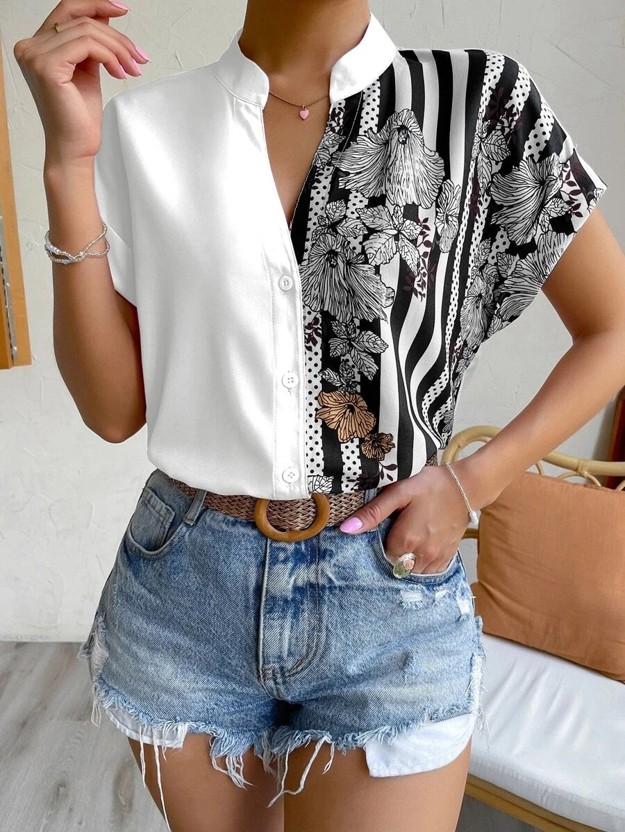 Two-tone floral button-down cardigan short-sleeved shirt