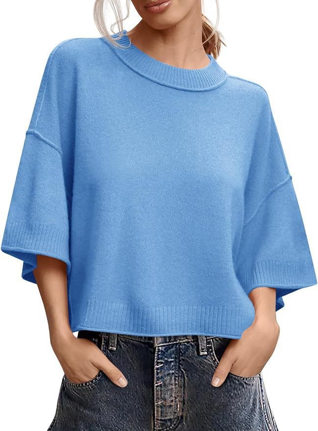 Women's Summer Short Sweater Casual Crew Neck Lightweight Top