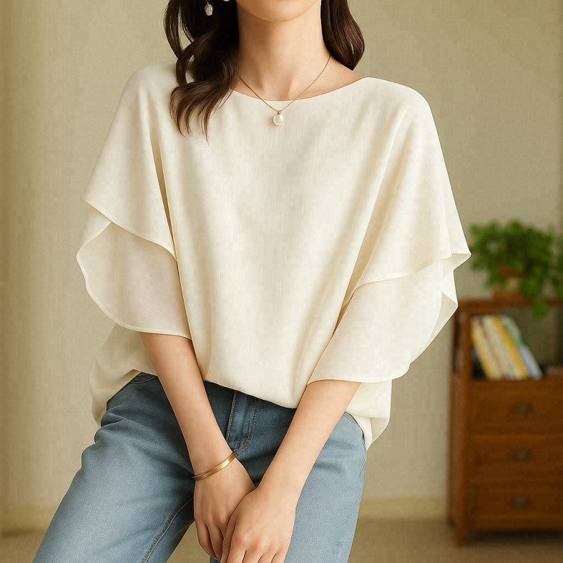 Women’s One Size Round Neck Double Layer Flutter Sleeve Loose Casual Blouse