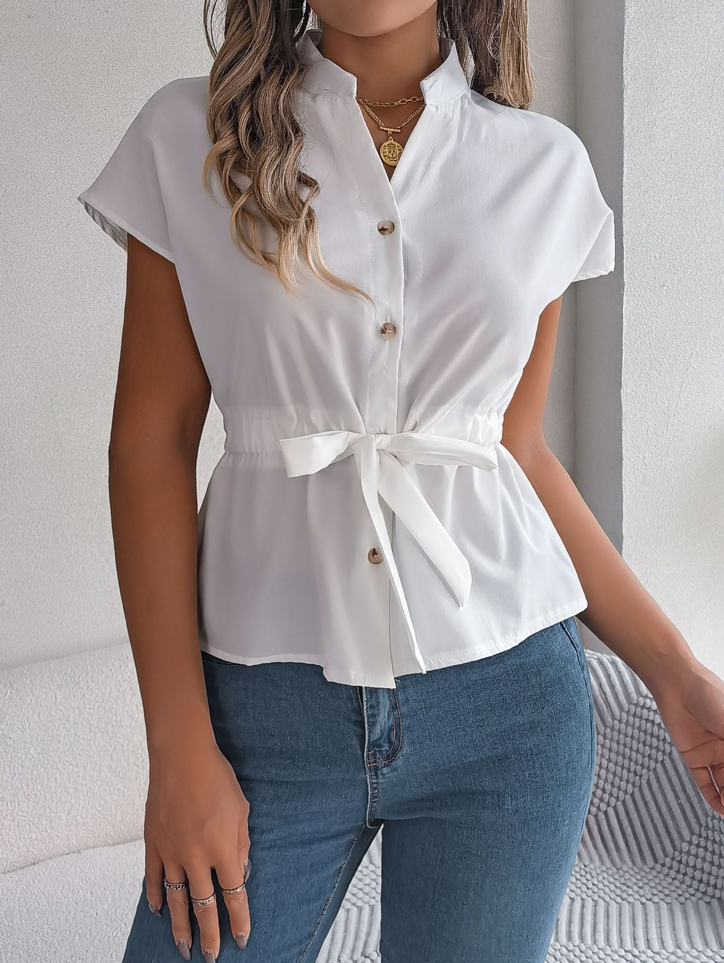 Chiffon V-neck button-down belt shirt