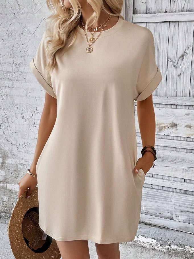 Women’s Crew Neck Rolled Sleeve Pocket Loose Mini T-Shirt Dress