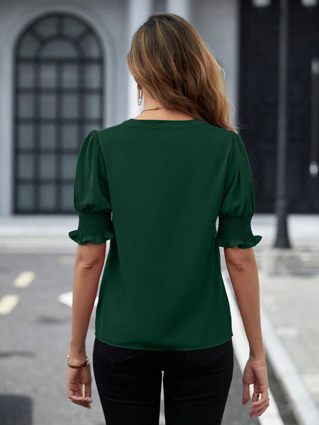 New summer V-neck elegant puff sleeve solid color shirt