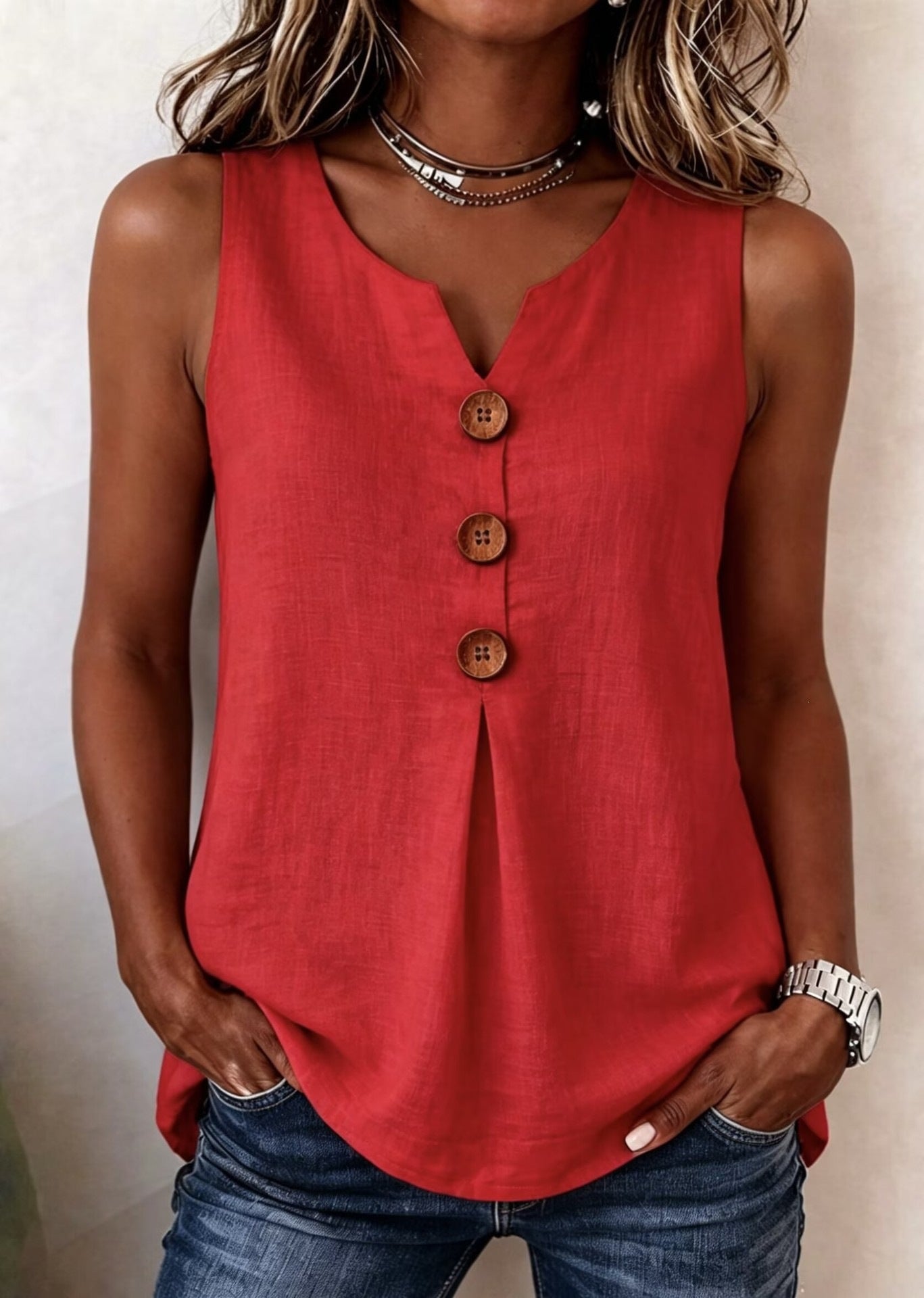 V-neck front button sleeveless top