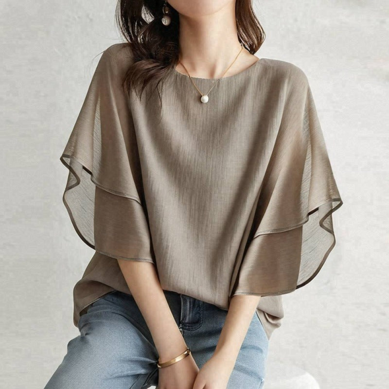 Women’s One Size Round Neck Double Layer Flutter Sleeve Loose Casual Blouse
