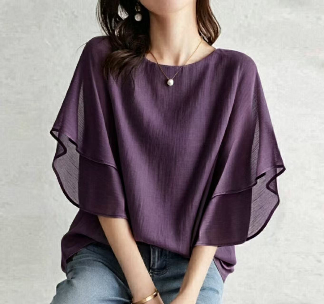 Women’s One Size Round Neck Double Layer Flutter Sleeve Loose Casual Blouse