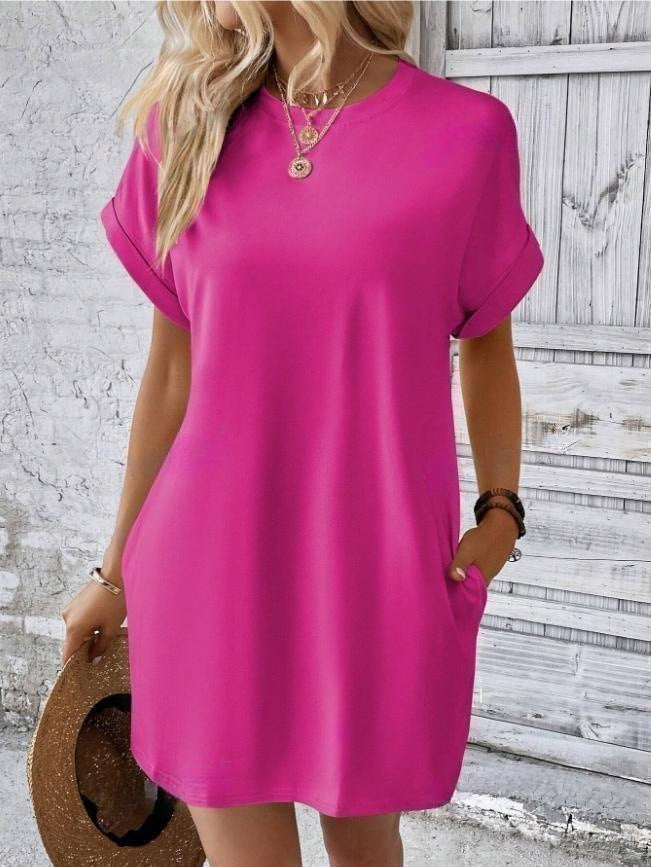 Women’s Crew Neck Rolled Sleeve Pocket Loose Mini T-Shirt Dress