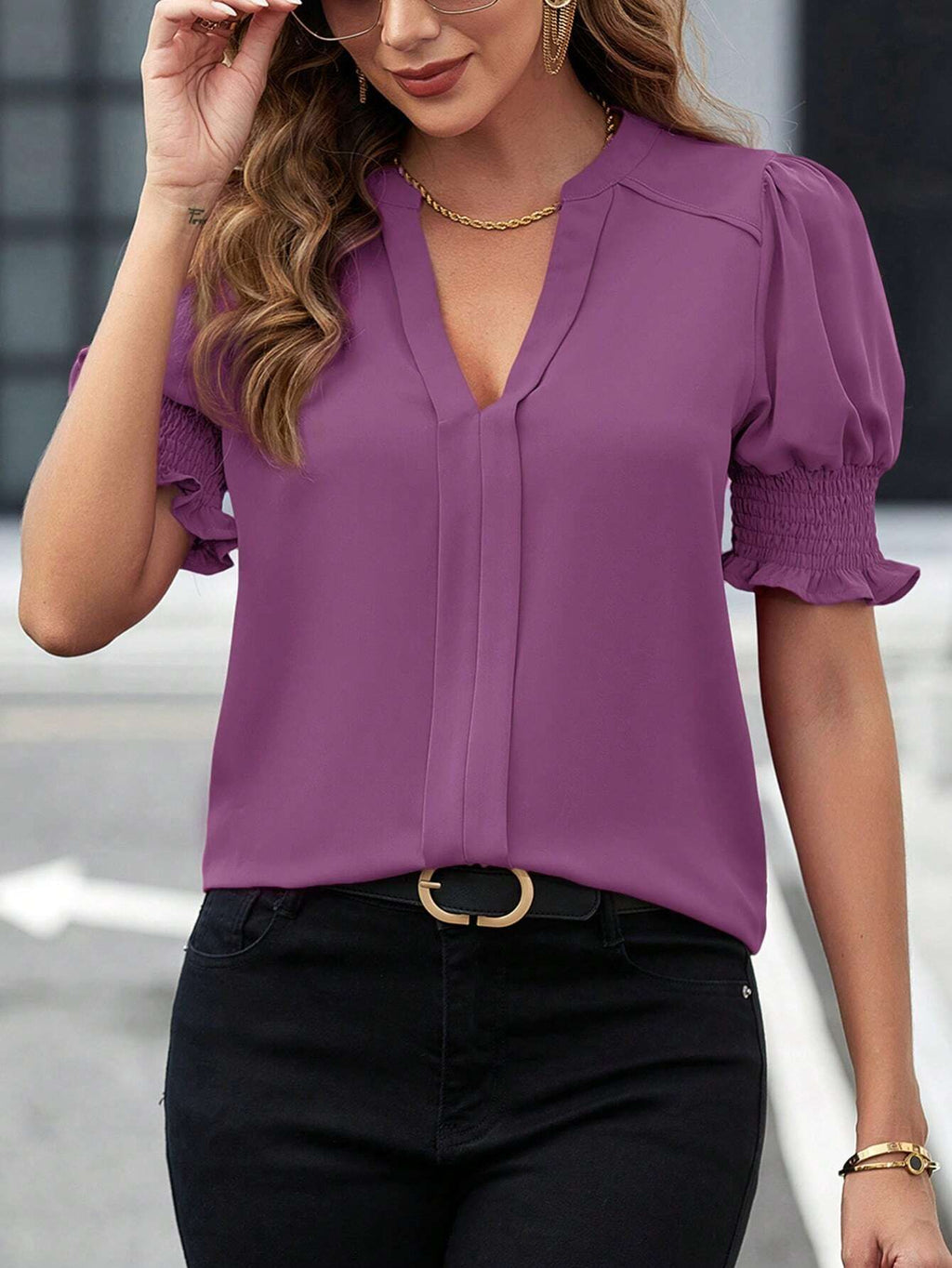 New summer V-neck elegant puff sleeve solid color shirt