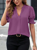 New summer V-neck elegant puff sleeve solid color shirt