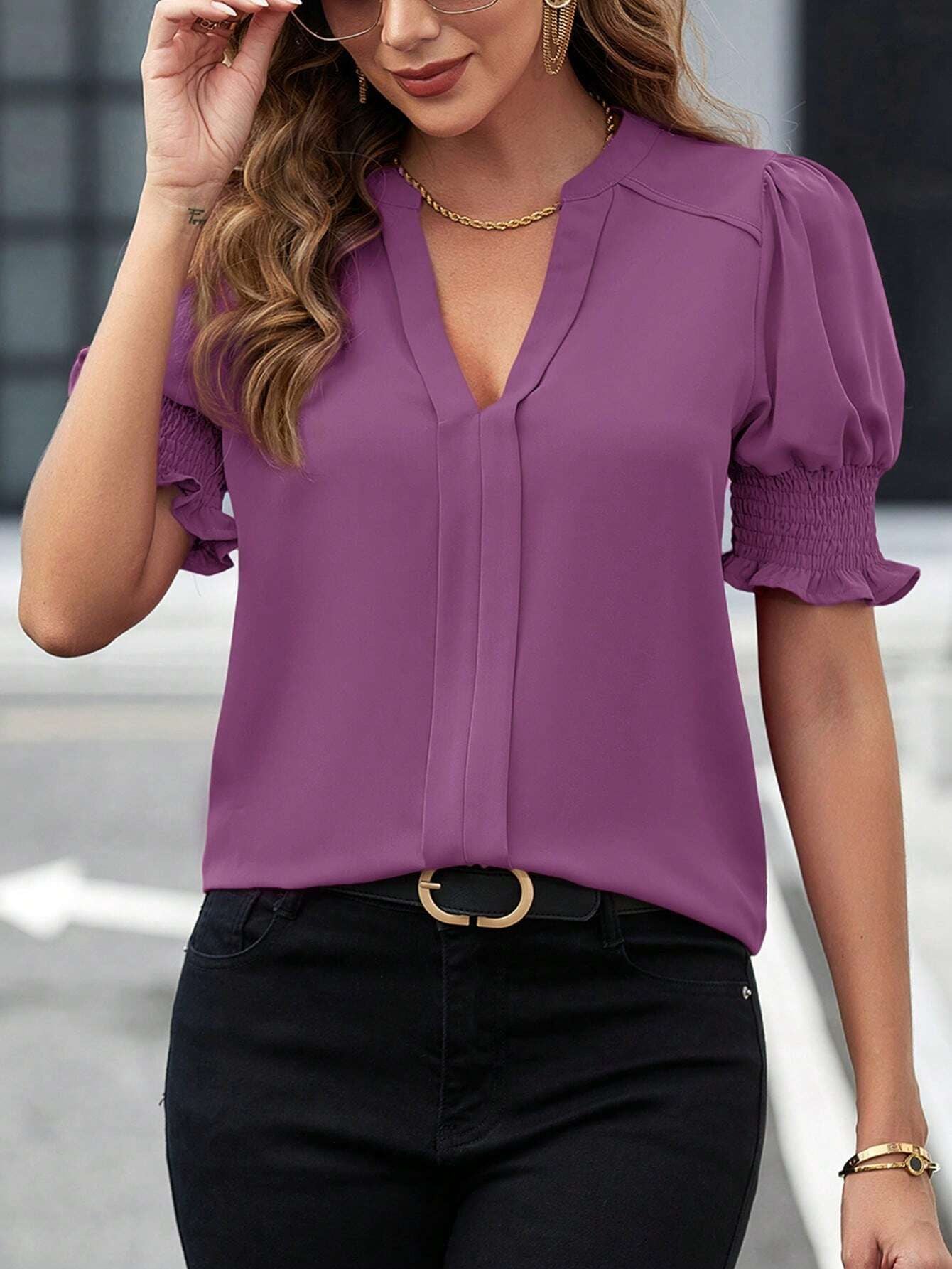 New summer V-neck elegant puff sleeve solid color shirt