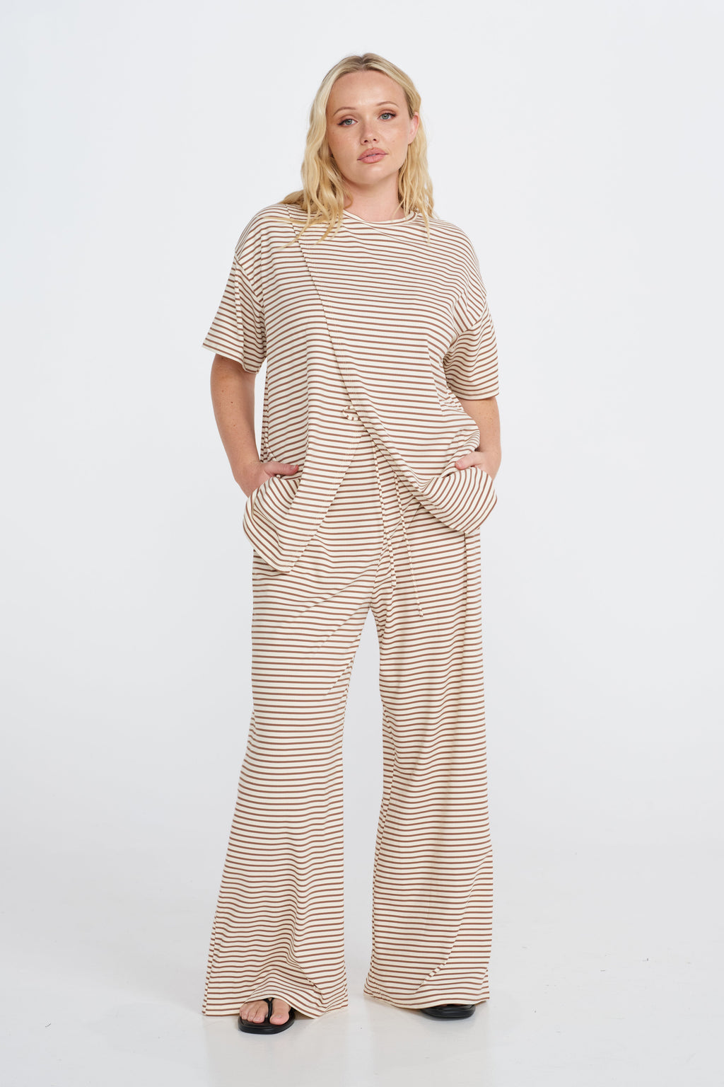 Ivy Stripe Longline Wrap Tee - Cream / Tan