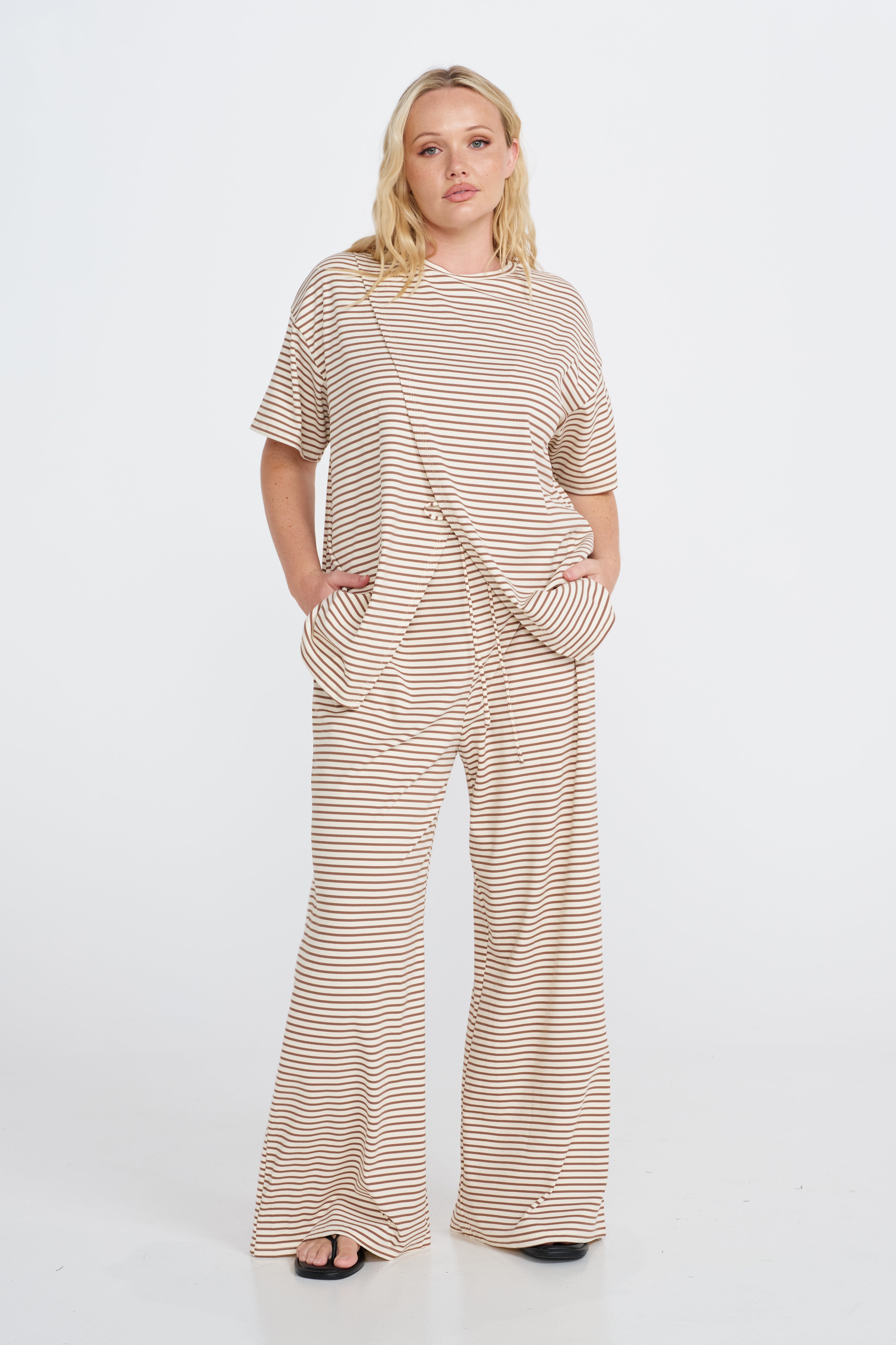 Ivy Stripe Longline Wrap Tee - Cream / Tan