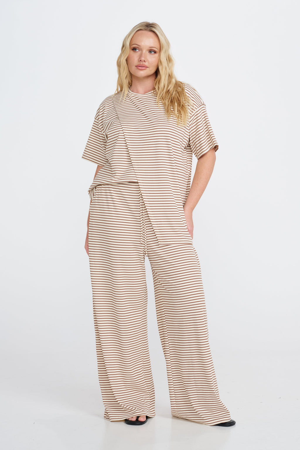Ivy Stripe Longline Wrap Tee - Cream / Tan