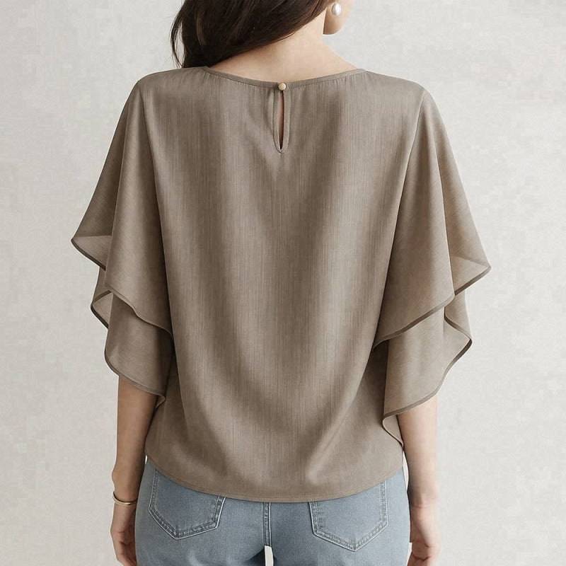 Women’s One Size Round Neck Double Layer Flutter Sleeve Loose Casual Blouse
