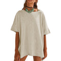 Solid color loose round neck spliced three-quarter sleeve women's top