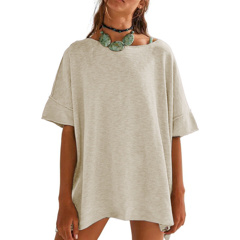 Solid color loose round neck spliced three-quarter sleeve women's top