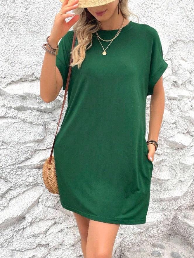 Women’s Crew Neck Rolled Sleeve Pocket Loose Mini T-Shirt Dress