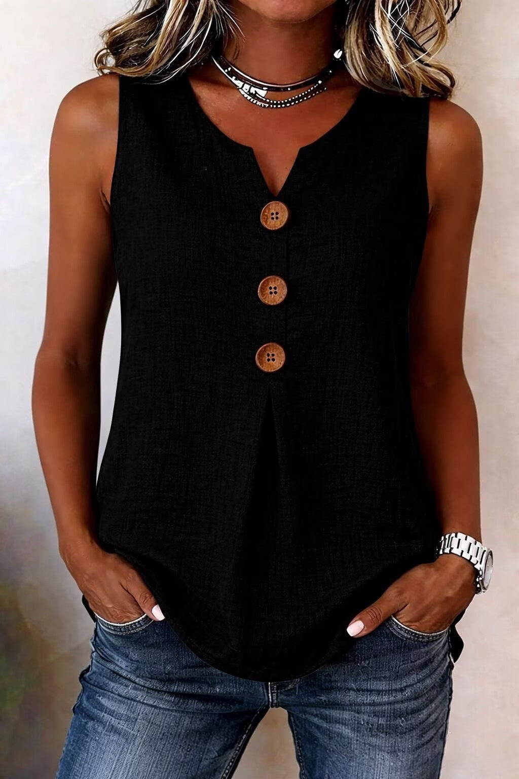 V-neck front button sleeveless top