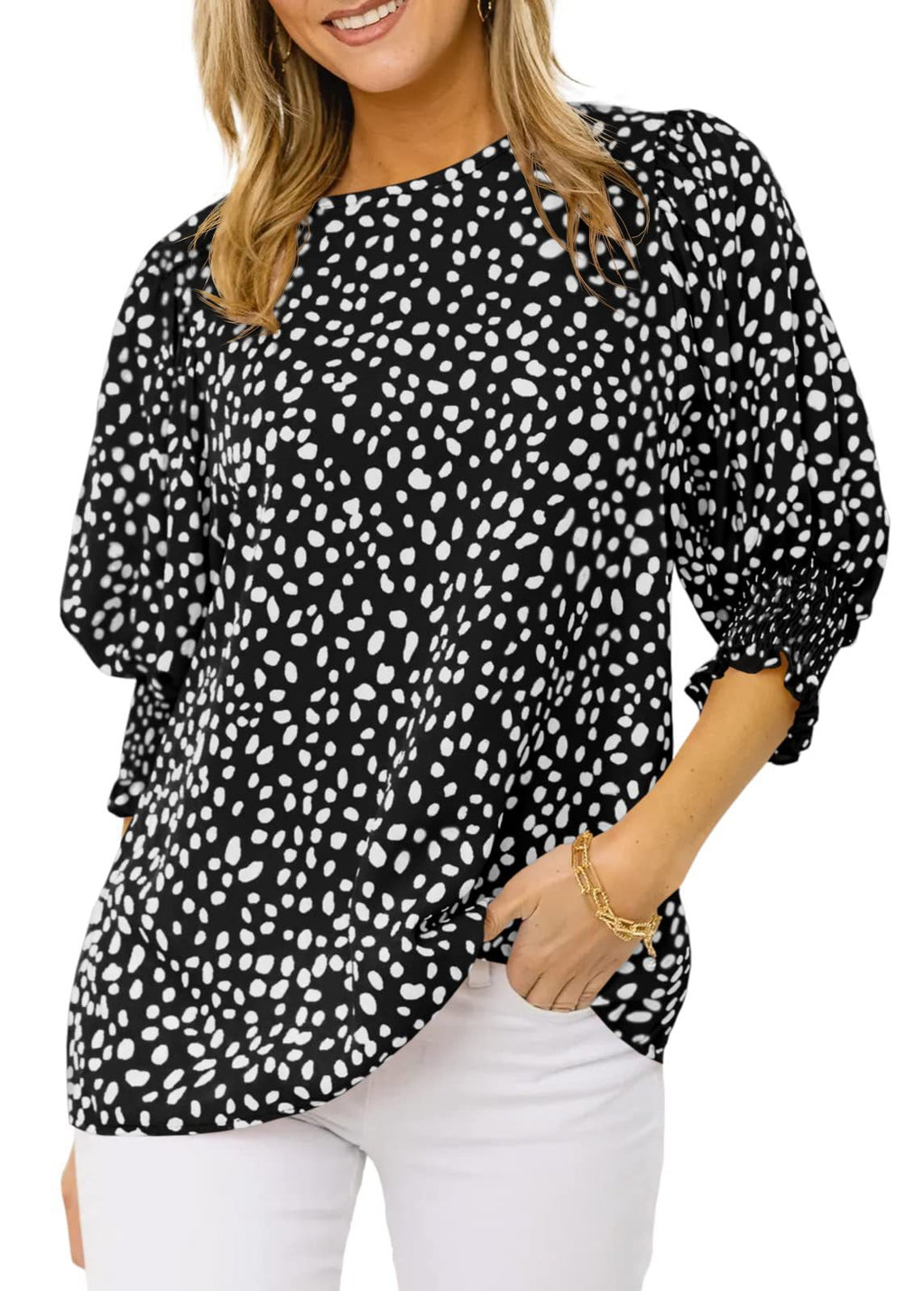 Women’s Round Neck Bubble 3/4 Sleeve Back Keyhole Ditsy Floral Print Blouse
