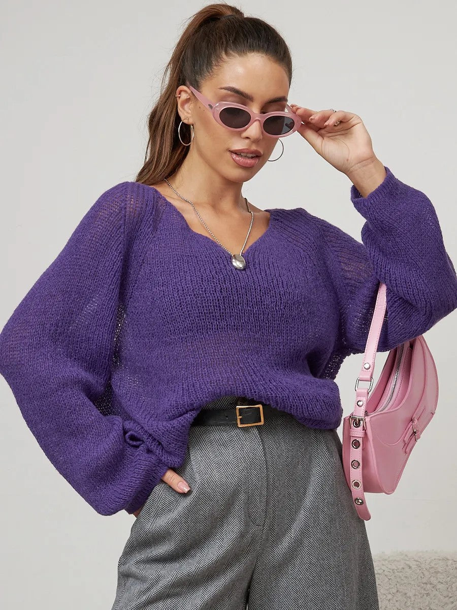Women’s V-Neck Oversized Sheer Knit Sun Protection Cover Up Top