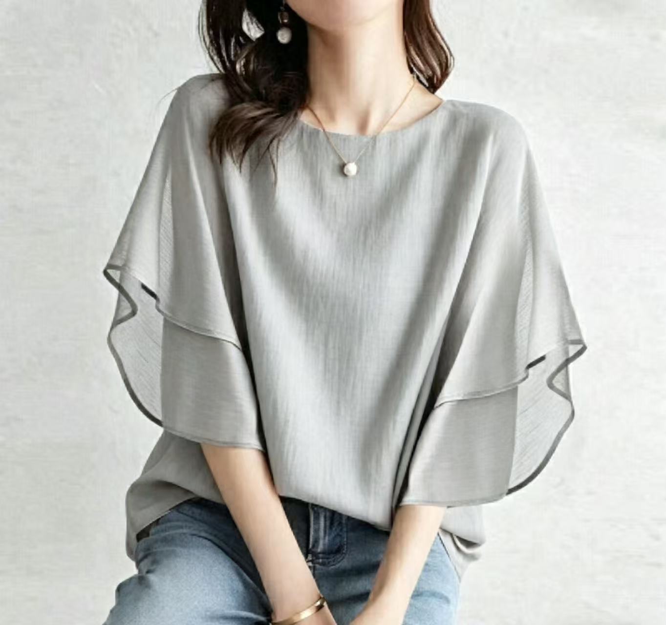 Women’s One Size Round Neck Double Layer Flutter Sleeve Loose Casual Blouse