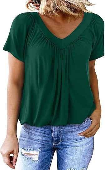 V-neck raglan sleeve pleated casual T-shirt