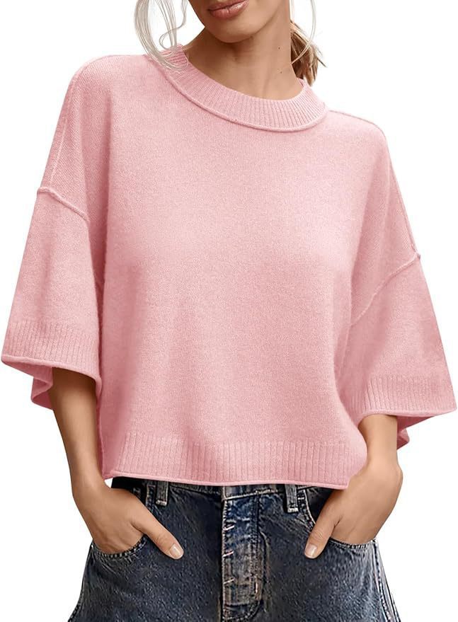 Women's Summer Short Sweater Casual Crew Neck Lightweight Top