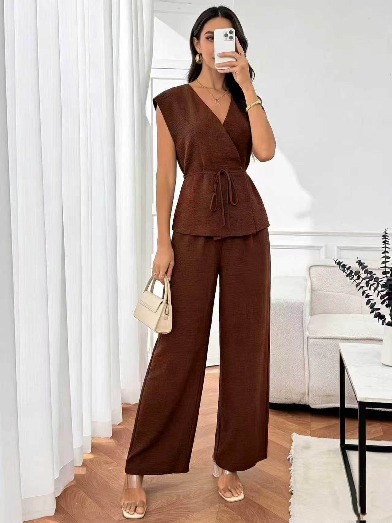 Women's Wrap V-Neck 2-Piece Set - Belted Top & Wide Leg Pants