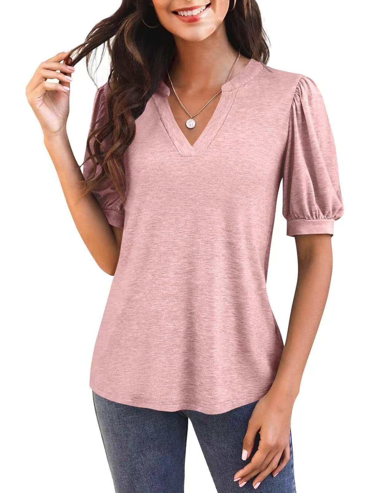 Women’s V-Neck Gathered Puff Short Sleeve Curved Hem Casual T-Shirt