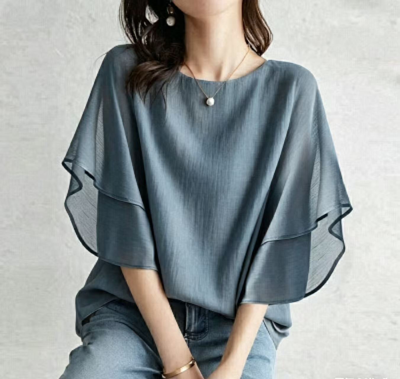 Women’s One Size Round Neck Double Layer Flutter Sleeve Loose Casual Blouse