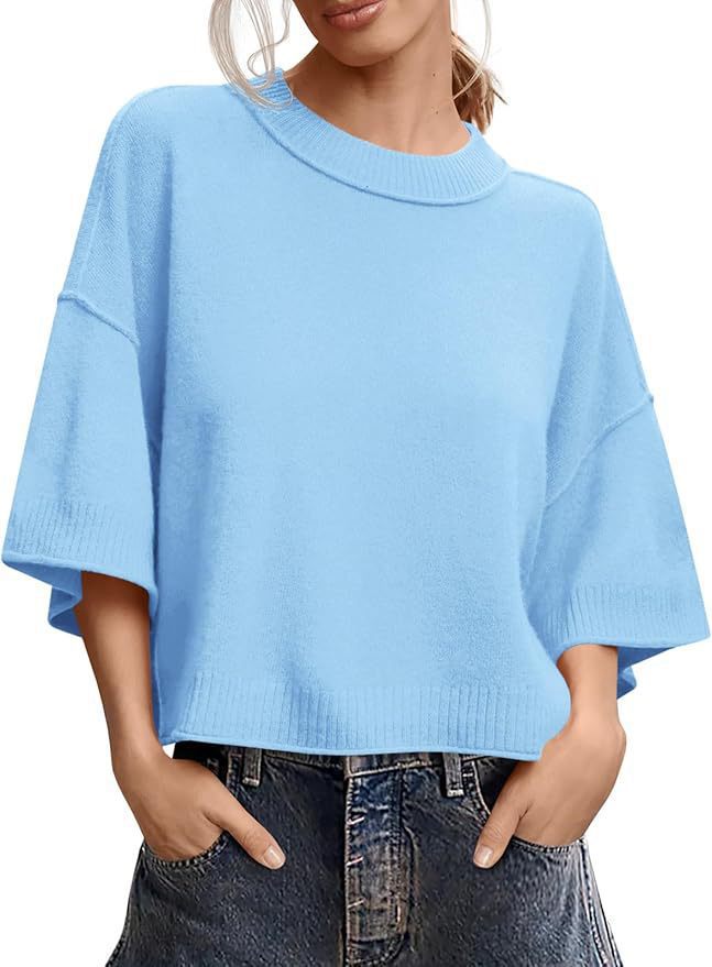 Women's Summer Short Sweater Casual Crew Neck Lightweight Top