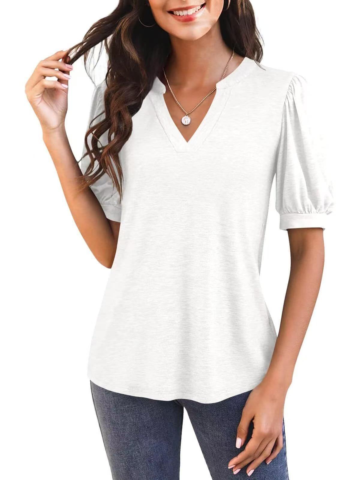 Women’s V-Neck Gathered Puff Short Sleeve Curved Hem Casual T-Shirt
