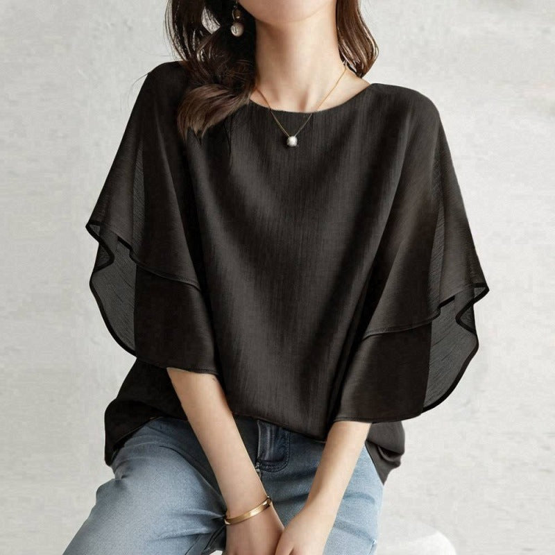 Women’s One Size Round Neck Double Layer Flutter Sleeve Loose Casual Blouse