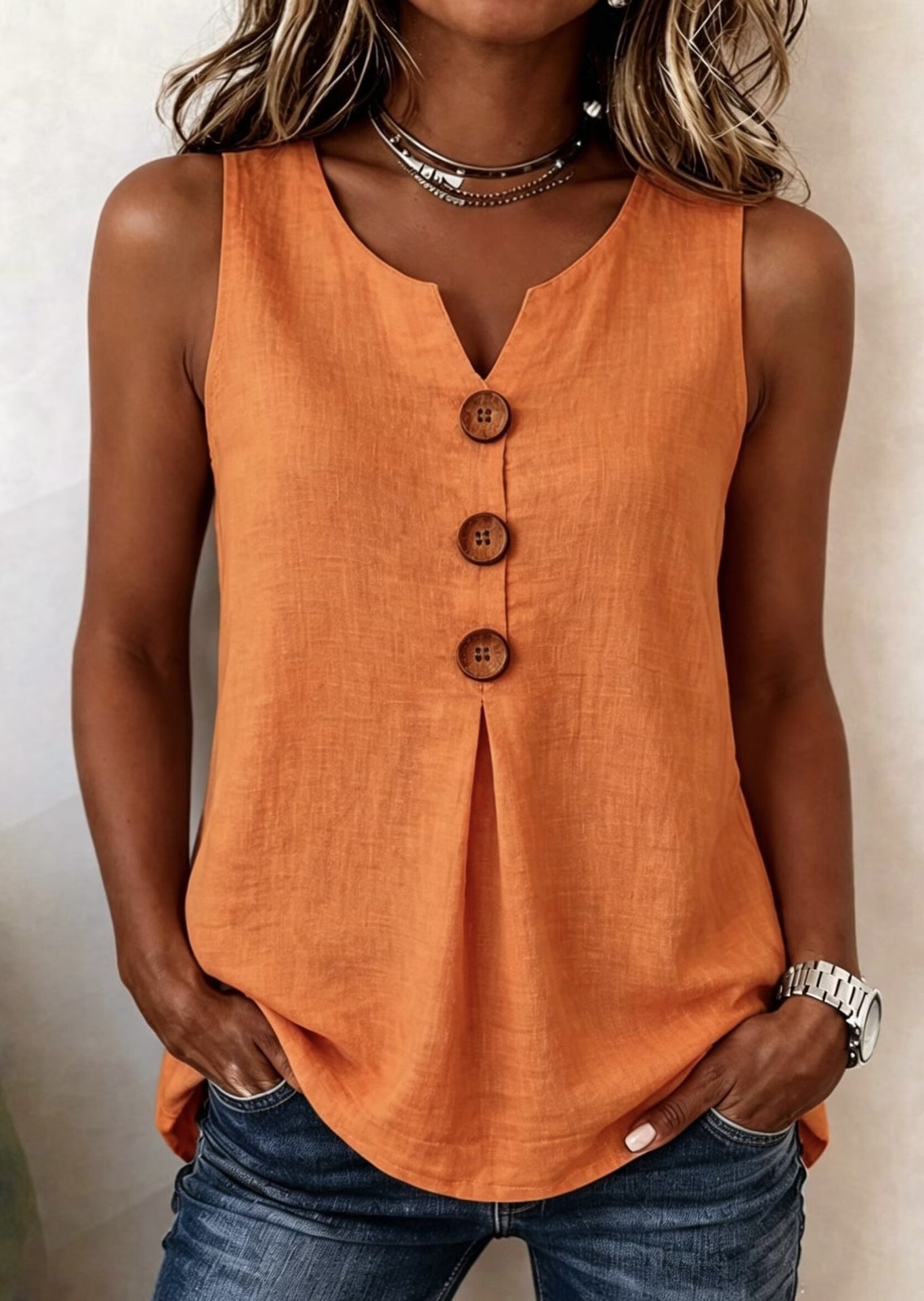 V-neck front button sleeveless top