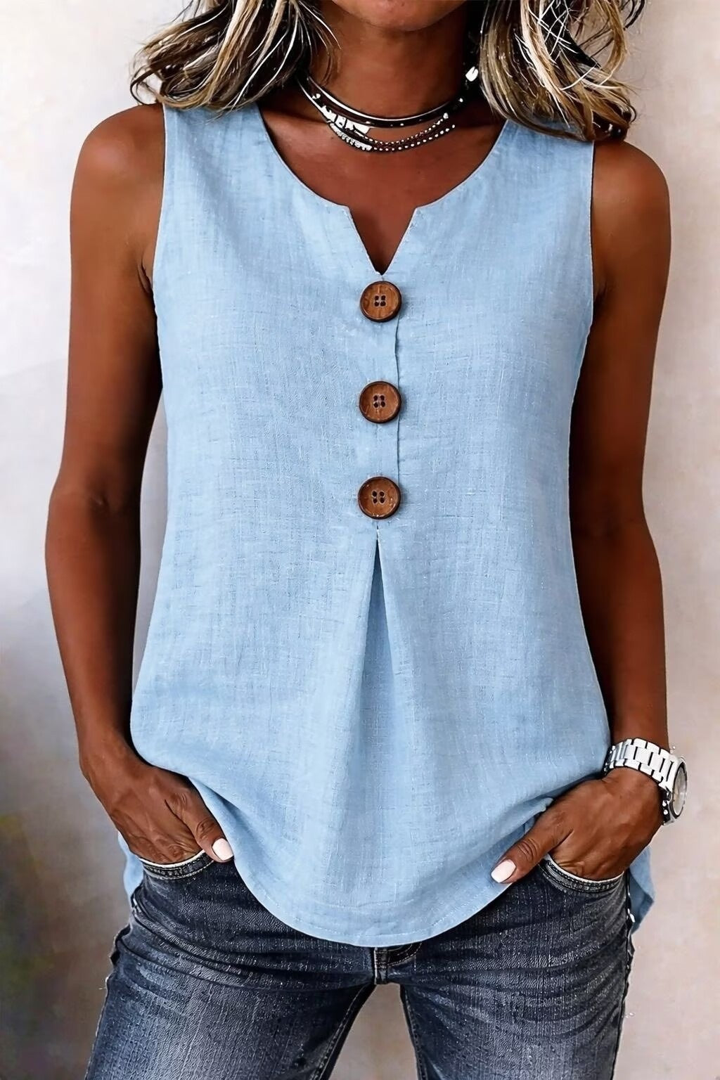 V-neck front button sleeveless top