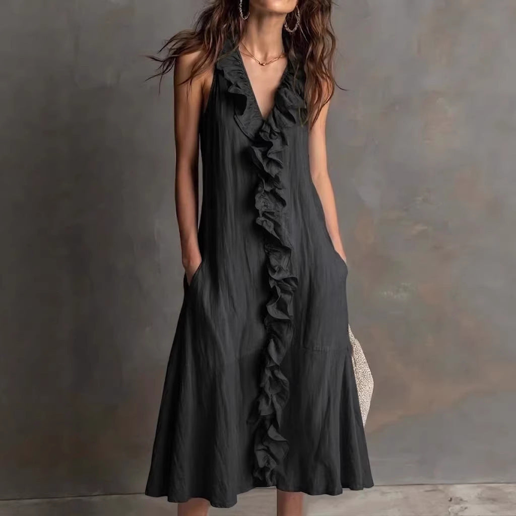 A-Line Loose Pleated Ruffle Trim Solid Color V-Neck Maxi Dresses