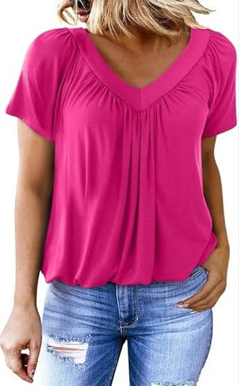 V-neck raglan sleeve pleated casual T-shirt